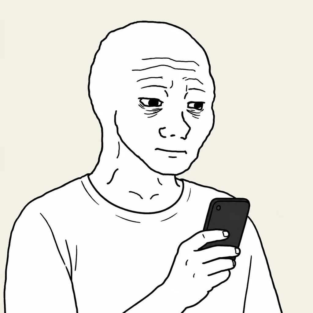 Wojak looking at his phone and preparing to message a friend
