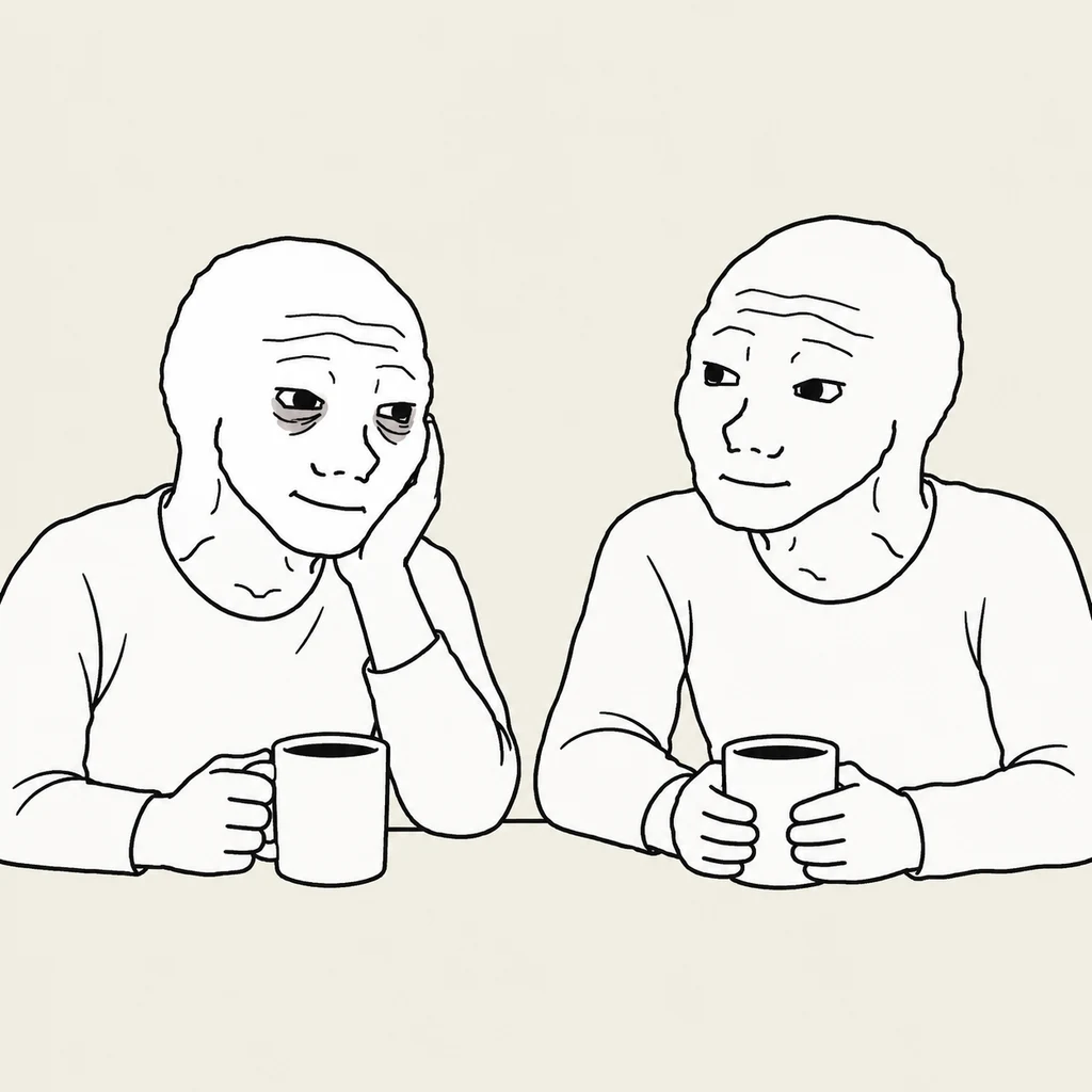 Wojak talking with a supportive friend who listens over a cup of tea