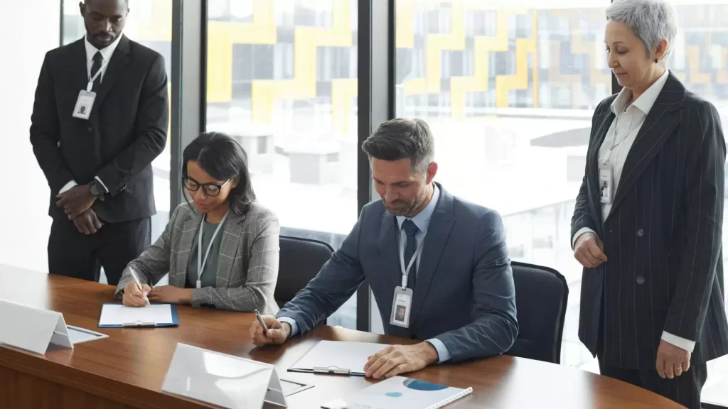 People gathered around a table while two people sign documents
