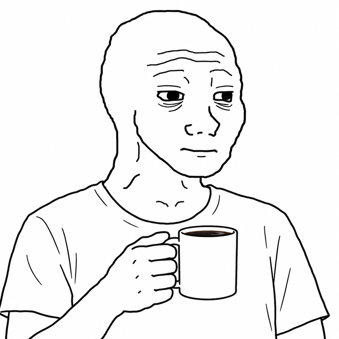 Neutral Wojak holding a coffee mug on a plain white background