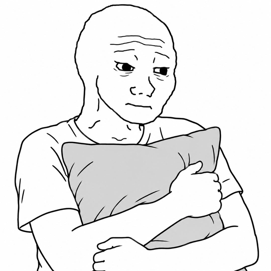 Sad Wojak hugging a gray pillow on a plain white background