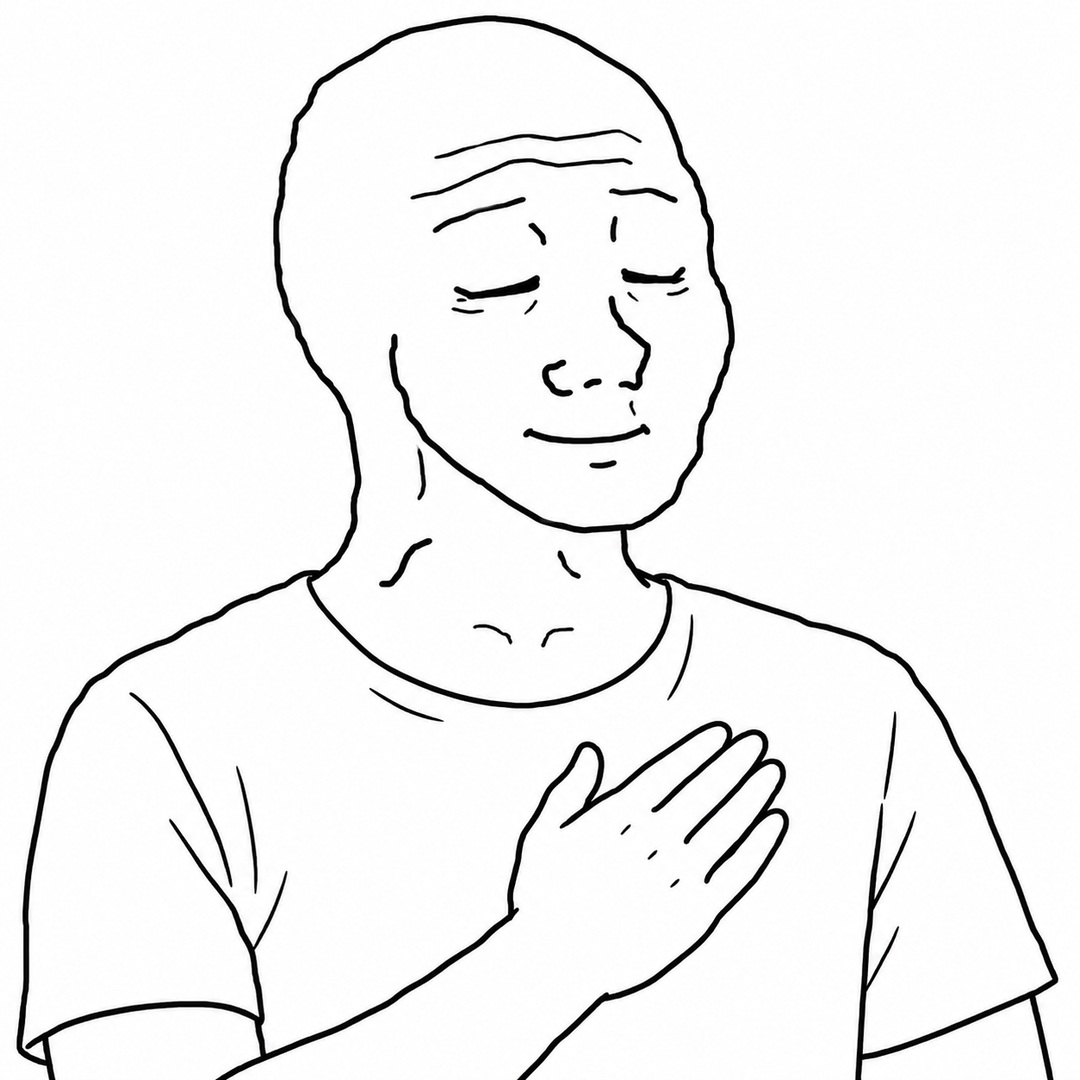 Peacefully smiling Wojak with a hand over his heart on a plain white background