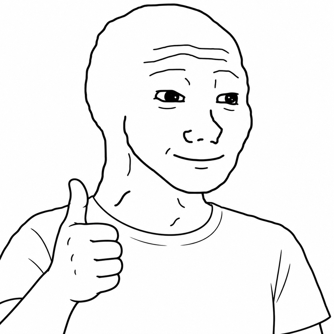 Gently smiling Wojak giving a thumbs-up on a plain white background