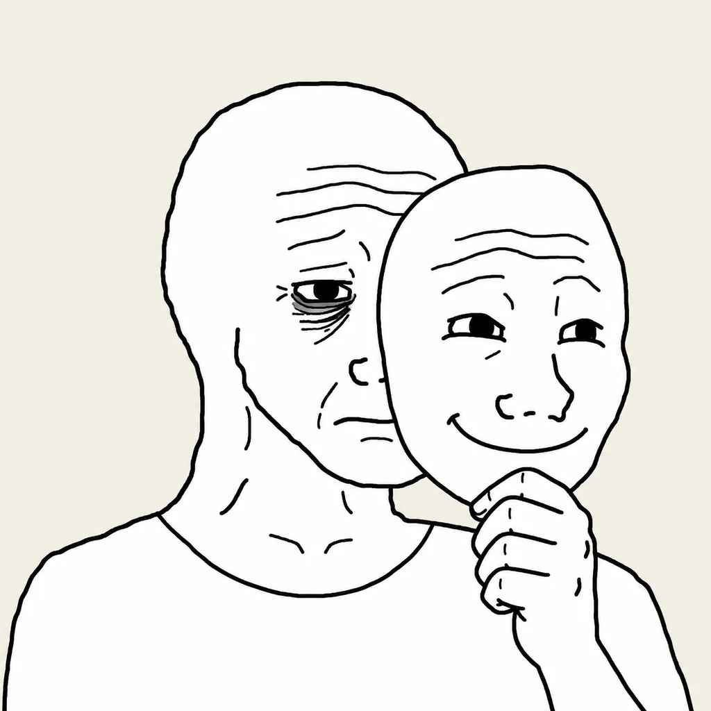 Sad Wojak holding a smiling mask in front of his face