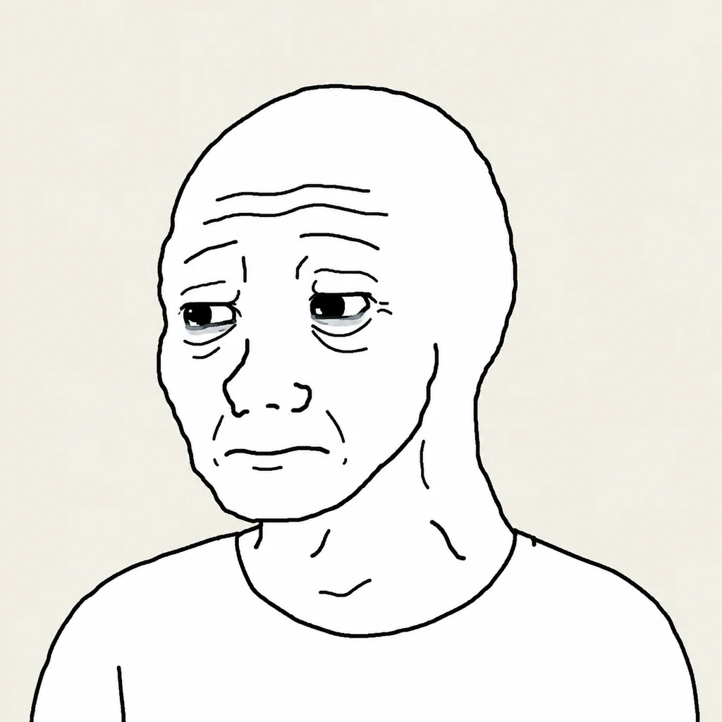 Classic sad Wojak with tired eyes and a downturned mouth
